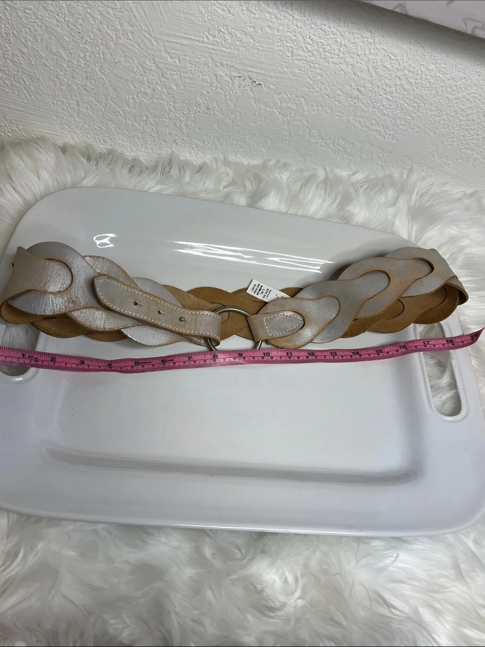 Leather Braided Distressed Metallic Silver Waist Belt with Silver Ring